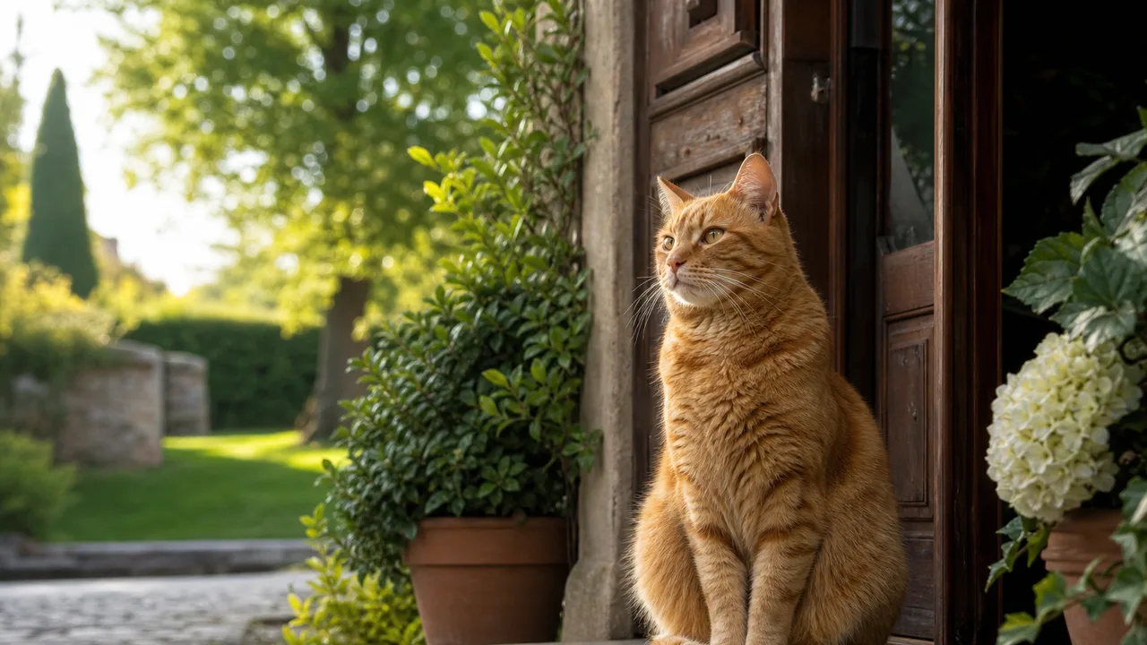 Chat assis fièrement près de la porte d'entrée d'une maison, jardin en arrière-plan, lumière naturelle douce du matin