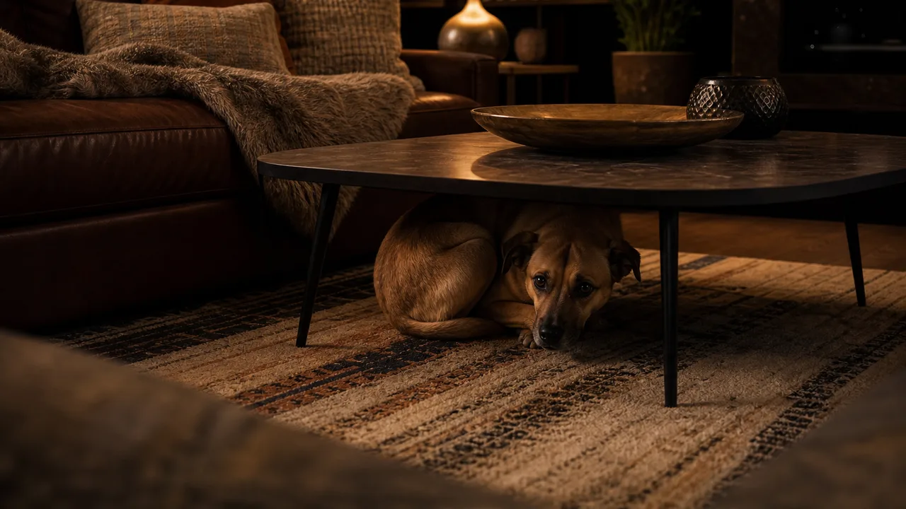 Chien anxieux caché sous une table dans un salon, lumière tamisée du soir, ambiance calme et protectrice