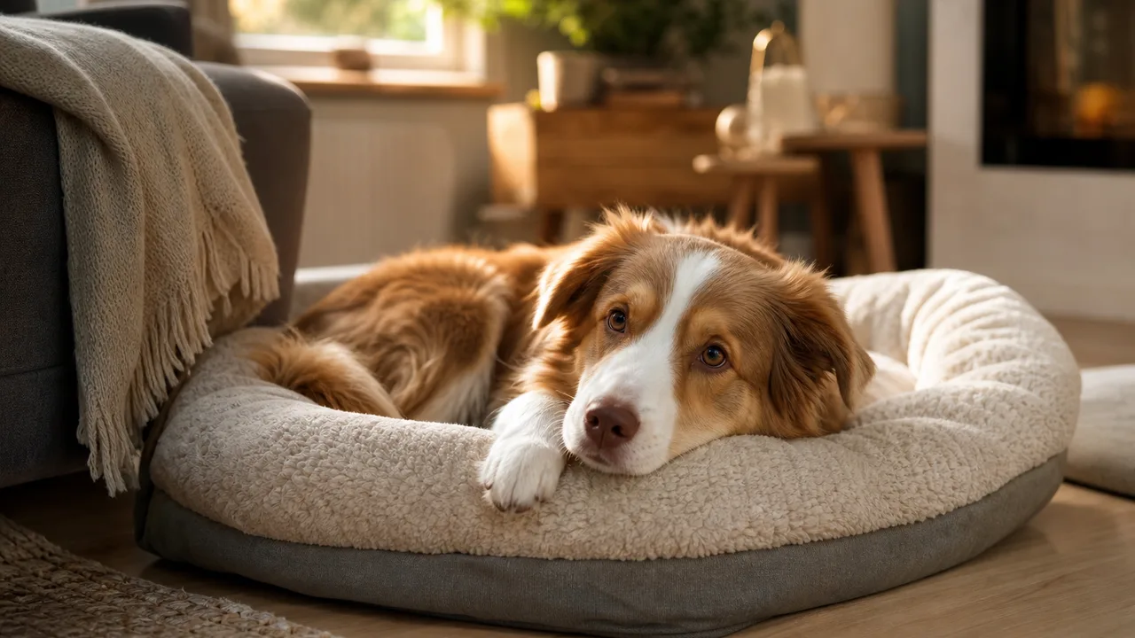 Chien couché sur un panier moelleux, lumière naturelle douce de fin de journée, ambiance calme et chaleureuse