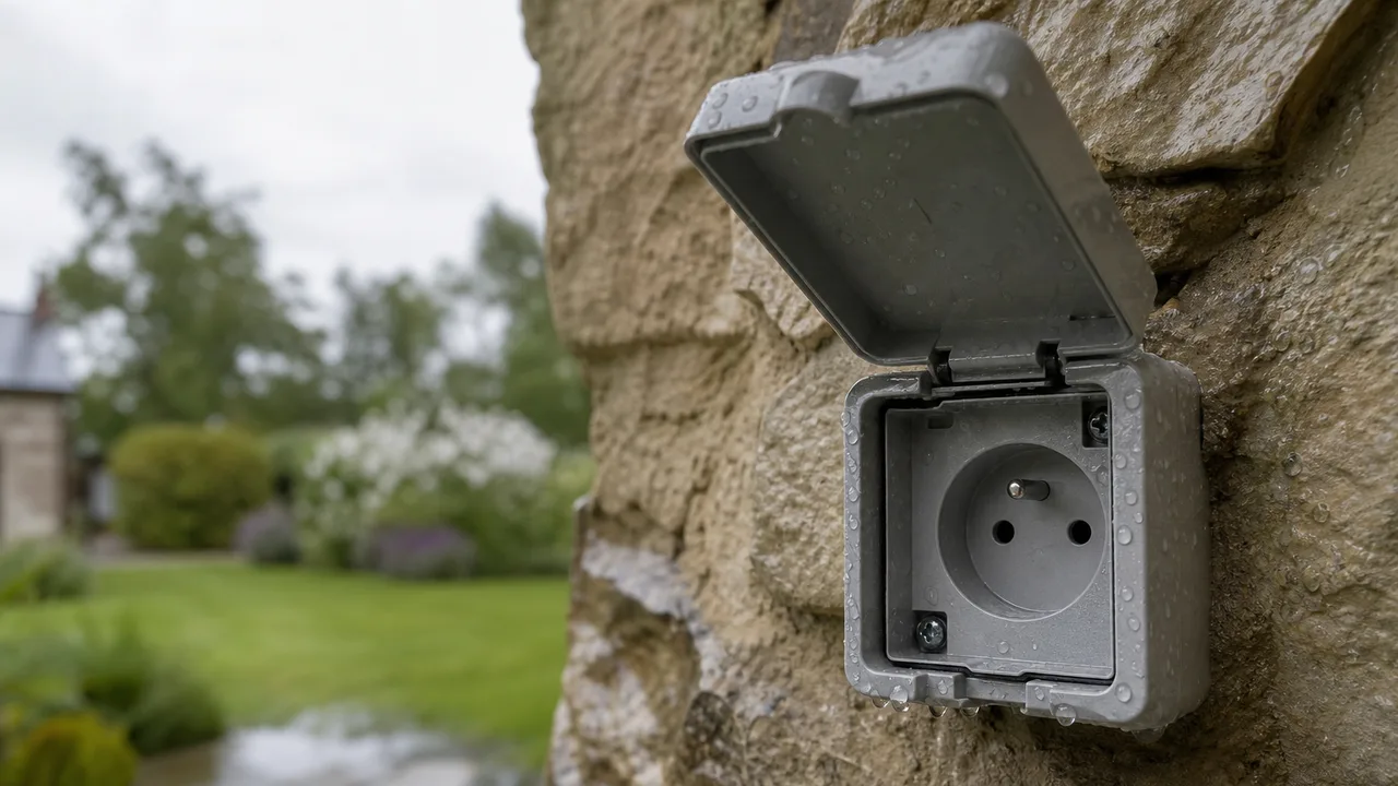 Prise électrique extérieure avec clapet sur un mur en pierre, couverte de gouttes de pluie, jardin mouillé en arrière-plan, lumière grise d'un jour pluvieux