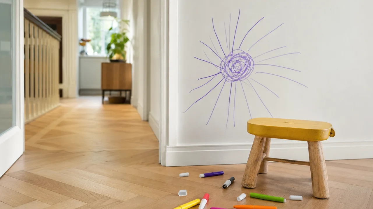 Mur blanc de salon avec des gribouillis colorés au feutre, feutres ouverts posés sur le parquet à côté d'un petit tabouret d'enfant, lumière naturelle douce