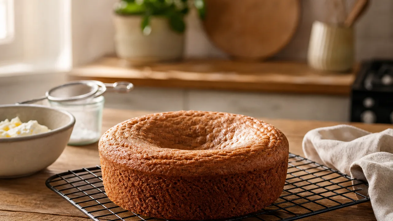 Gâteau affaissé au centre sur une grille de refroidissement, cuisine lumineuse, lumière naturelle douce