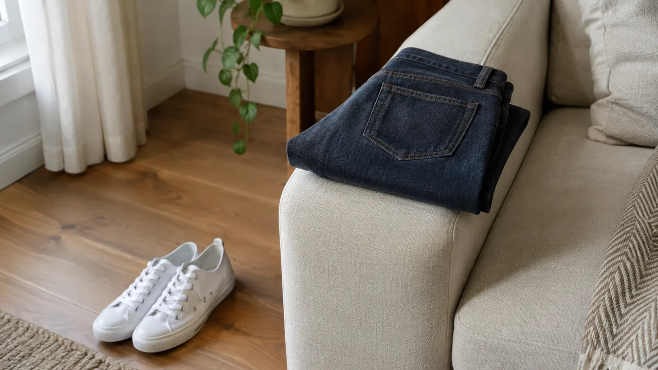Jean brut bleu foncé plié sur l'accoudoir d'un canapé en tissu crème, à côté d'une paire de baskets blanches posées au sol, lumière naturelle douce