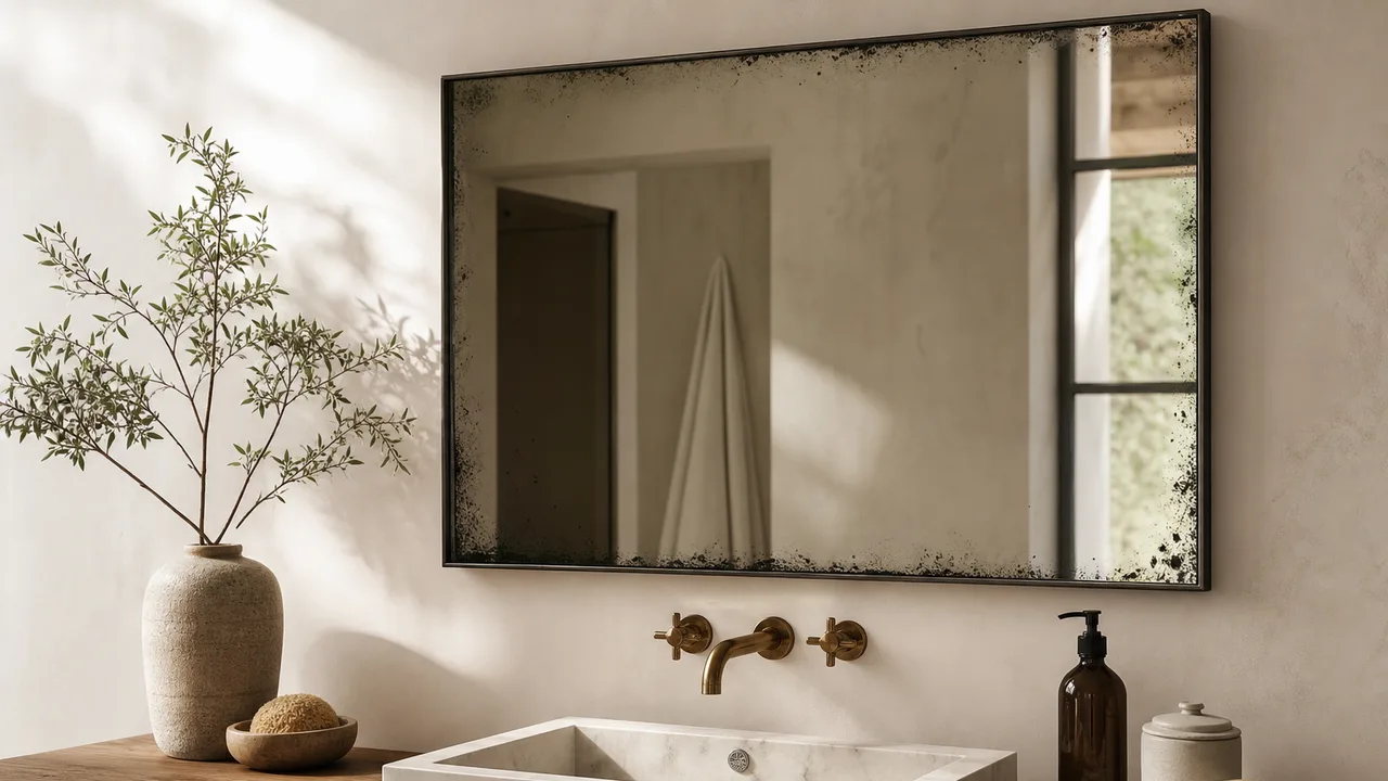 Miroir de salle de bain avec de petites taches sur les bords, lumière naturelle douce, ambiance de salle de bain épurée