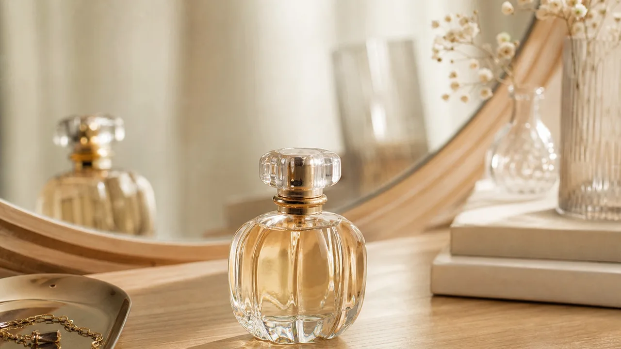 Flacon de parfum posé sur une coiffeuse en bois clair, lumière naturelle douce du matin