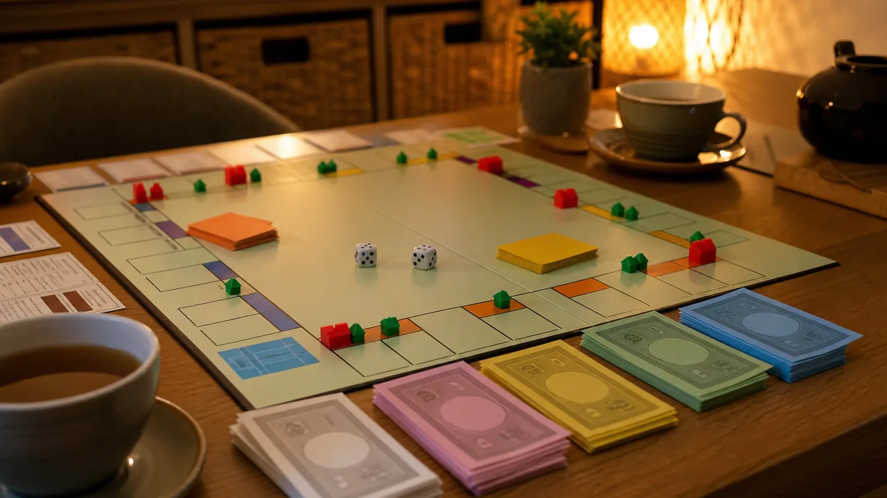 Plateau de jeu de société immobilier sur une table en bois, billets colorés, dés, petites maisons vertes et hôtels rouges, lumière chaude de soirée