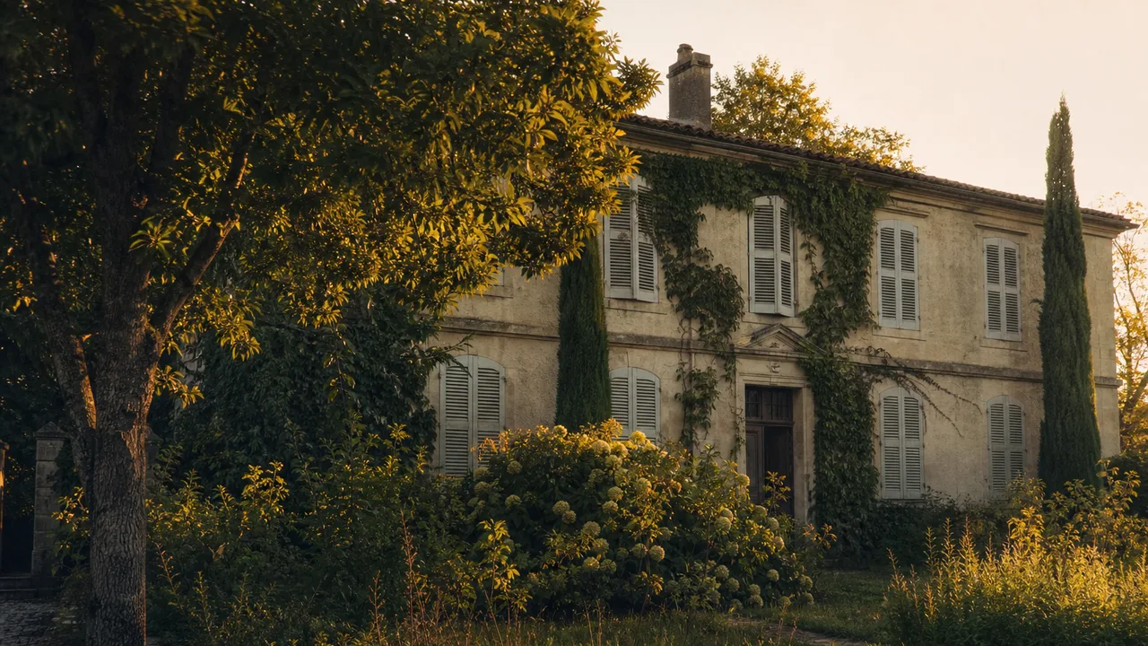 Maison de famille ancienne fermée, volets clos, jardin envahi, lumière de fin de journée