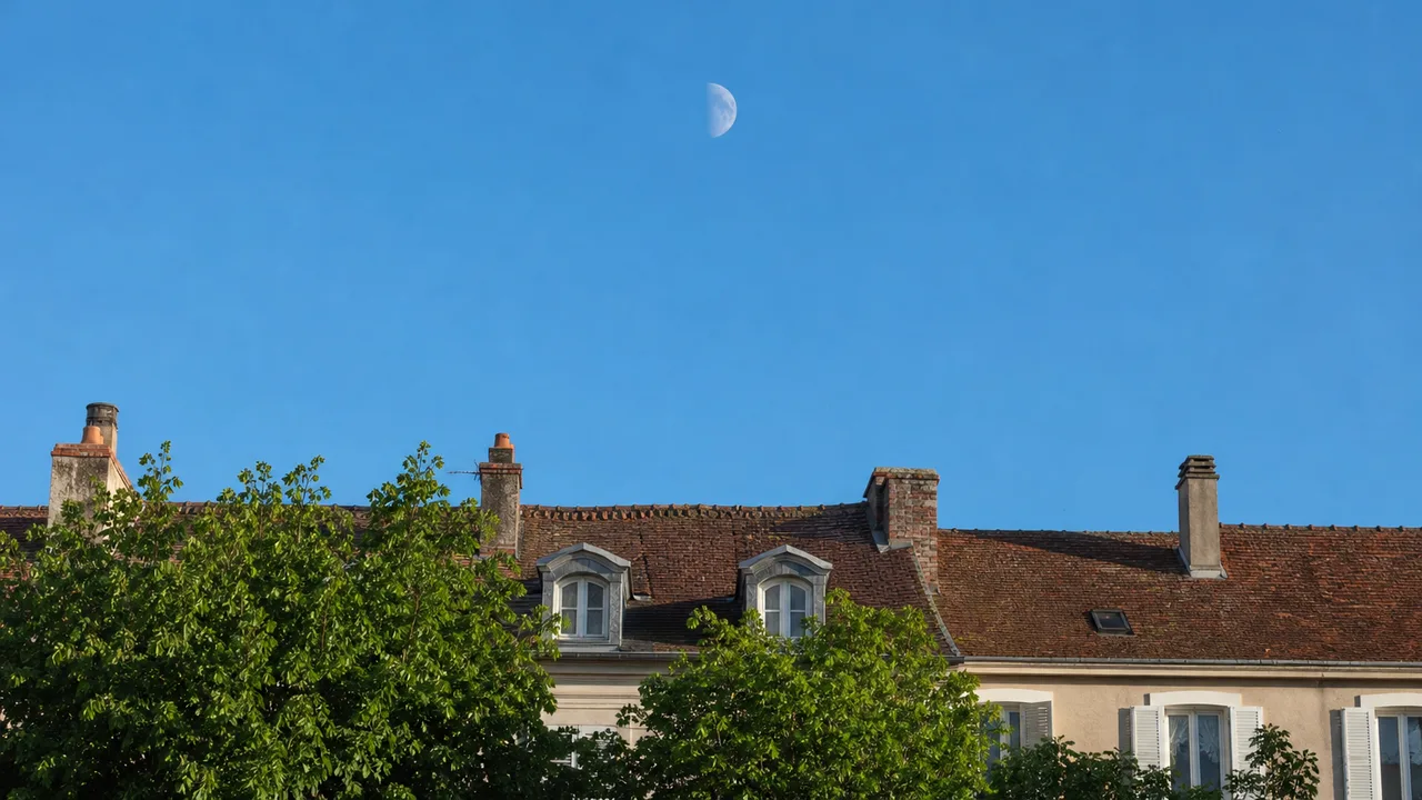 Demi-lune pâle dans un ciel bleu d'après-midi au-dessus de toits de maisons et de la cime d'arbres, lumière naturelle claire